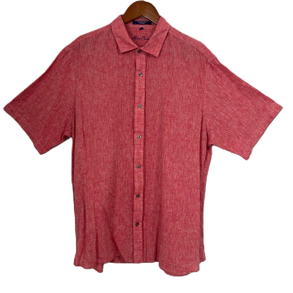 Alan Flusser Shirt Men XL Red Linen Button Up Collar Comfy Casual Preppy Beachy